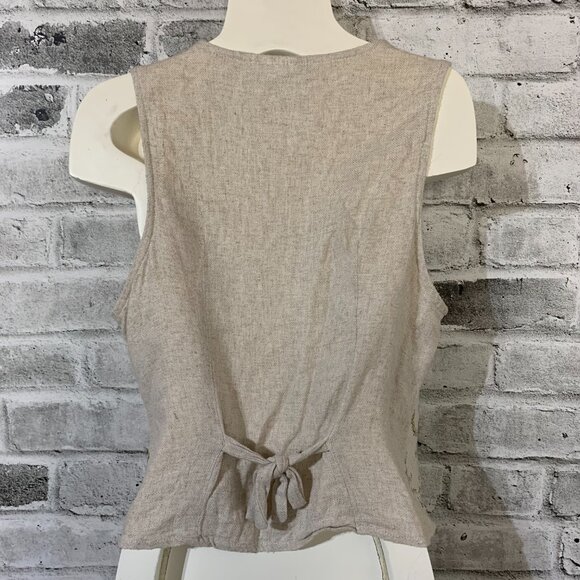 Vintage 90s Vest Medium Cream Linen Flax Rose Floral Button Front Back Tie - Picture 5 of 11